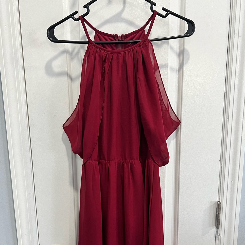 Burgundy chiffon cold shoulder maxi dress